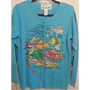 Quacker Factory Sz Small Blue Cardigan Sweater Summer Sequin Umbrellas Beach
